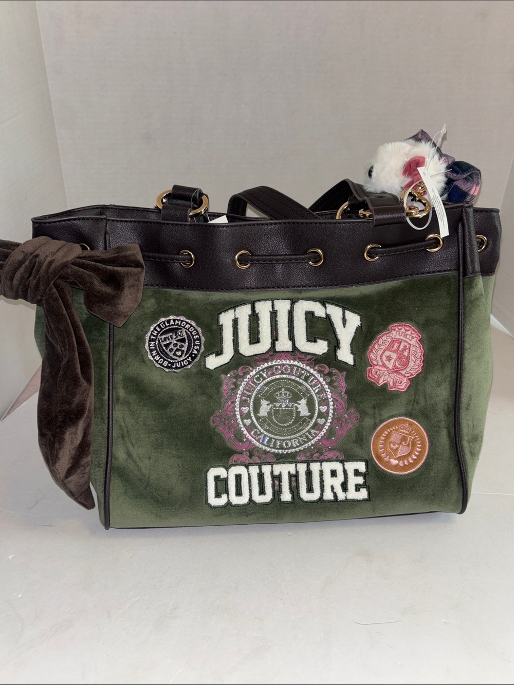 JUICY COUTURE VARSITY DAYDREAMER TOTE BAG IN GREEN VELOUR BROWN BOW ON SIDE NWTS